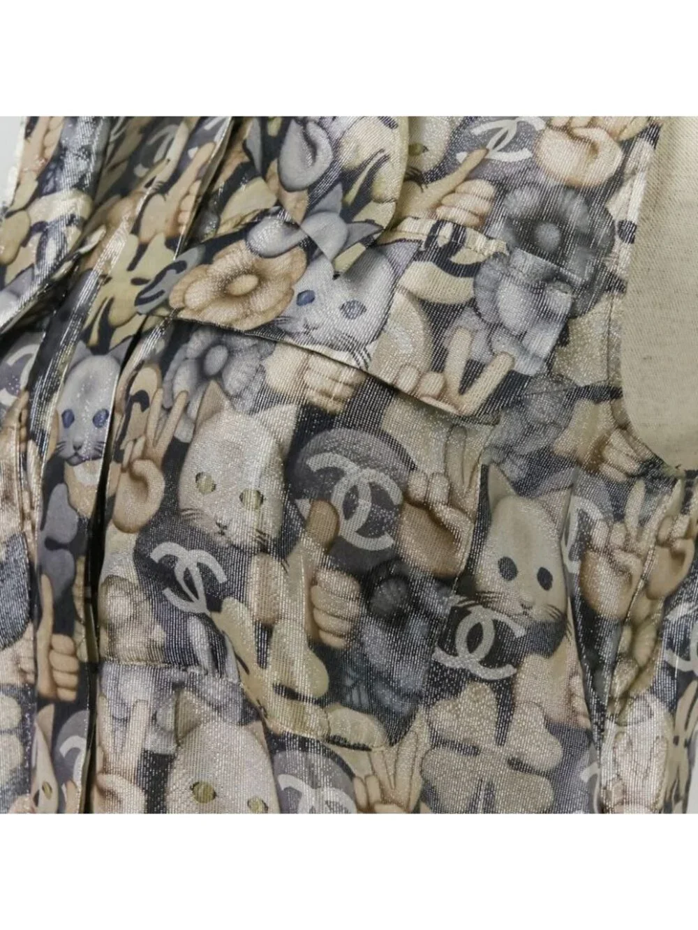 Chanel Choupette Coco Mark Print Sleeveless Silk Blouse with Ribbon Tie